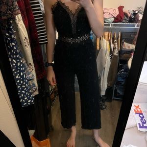Lulu’s Leeta Black Swiss Dot Lace Wide-Leg Jumpsuit